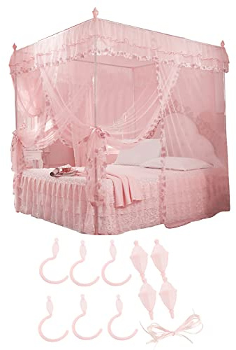 Pilipane Principessa di Lusso 3 Aperture Laterali Tenda da Letto a Baldacchino,Tenda da Letto con Zanzariera, Zanzariera per Biancheria da Letto(150 * 200 * 200-Rosa)