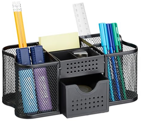 Relaxdays Organizer da Scrivania Ufficio, Scomparti Portapenne e Cassetto Cancelleria, 10x23,5x11,5 cm, Acciaio, Nero