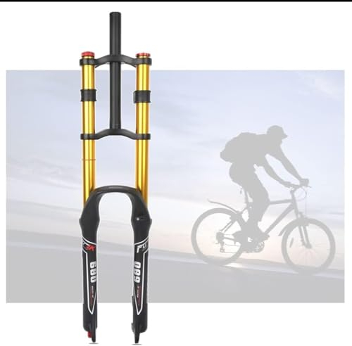 QIANMEI bike forks DH MTB Air Fork 26 27.5 29 Inch Mountain Bike Suspension Fork， 130mm Travel Straight Front Fork Double Shoulder Rebound Adjustment Manual Lockout (Color : Gold, Size : 27.5'')