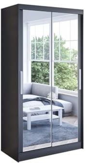 Easy4You K7 100 cm Schwarz Schiebetüren Kleiderschrank 100x200x58 cm mit Spiegel - Schlafzimmermöbel, Aufbewahrung - Mehrzweckschrank
