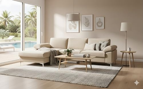 CONCEPT USINE | Divano angolare in Velluto 4-5 Posti | Design Galway Beige | Larghezza 262 cm | Angolo Sinistro | Comfort Ultra Lussuoso | Struttura in Legno Robusta | Piedi in Metallo | Stile Moderno