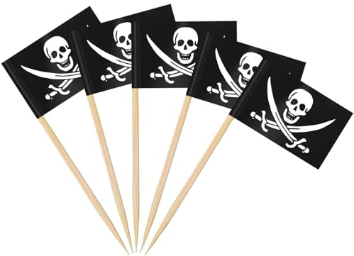 AhfuLife 100 Stück Piraten Zahnstocher Flaggen, Piraten Paty Deko Fahne Klein Cocktail Zahnstocher für Lebensmittel Cupcake Toppers Toothpick Partyzubehör Kinder Halloween Geburtstag Party Dekoration