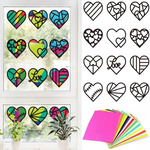 PLIGREAT 12 Stück Liebesthema Sonnenfänger Bastelset DIY-Fenster-Buntglas-Kunst-Kit mit farbigem Papier für Klassenzimmer kreative Fensterkunst-Party Favoriten Frühling Sommer Sonnenfänger Bastelset