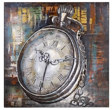 SEART Metallbilder Wanddeko 3D-Optik Uhr Jahrgang Kettenuhr Handgefertigtes Recycling 100x100cm