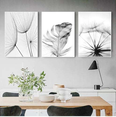 NXMYDBD Poster, Schwarz-Weiß-Blumendruck, frische Wandkunst, Feder-Löwenzahn-Bilder, Leinwand, Wohnzimmer-Dekoration, Wandgemälde, 70x90cm (28x35 Zoll) x3, ungerahmt