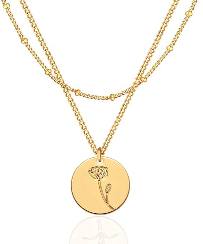 Jenosy 18K Vergoldet Geburt Blume Kette Layered Damen Gold Kette mit Lotus July Anhänger Hypoallergene Modeschmuck für Frauen und Mädchen