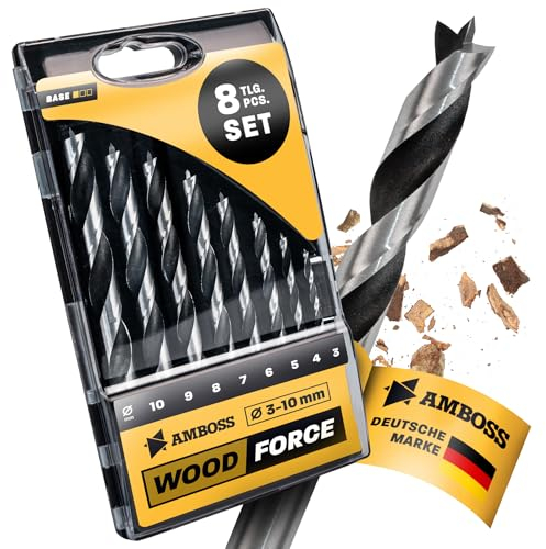 Holzbohrer Set 8-teilig Ø 3mm / 4mm / 5mm / 6mm / 7mm / 8mm / 9mm / 10mm - AMBOSS Werkzeuge Wood Force - Bohrerset für Holz bohren, Plastik bohren - Rundschaft Holzbohrer-Set