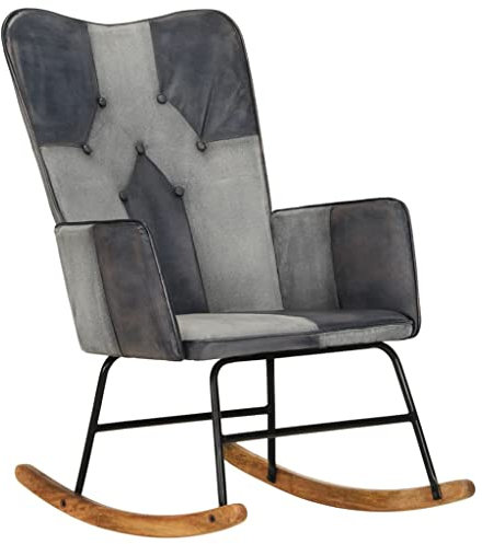 Homgoday Schaukelstuhl aus echtem Leder und Leinen, Grau, Schaukelstuhl, Möbel