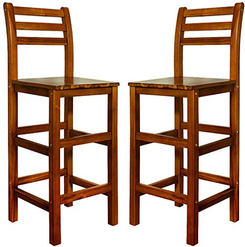 Casaria® Barhocker 2er Set Holz mit Lehne Outdoor 75cm Sitzhöhe Akazie 150kg Belastbarkeit Fußstütze Massiv Rustikal Garten Küche Bar Stuhl Hocker Braun