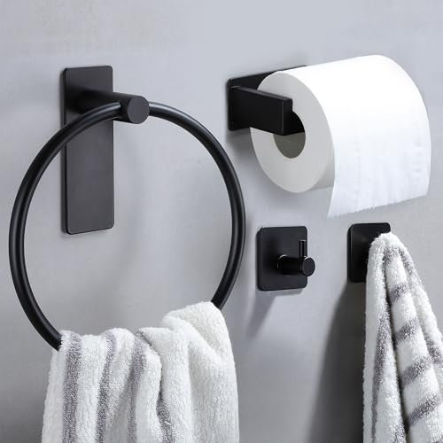 ZUNTO Handtuchring Set, Handtuchhalter Ring Schwarz + Toilettenpapierhalter Ohne Bohren + 2 Stück Handtuchhaken Haken Ohne Bohren, für Küche und Badezimmer, Selbstklebend Edelstahl