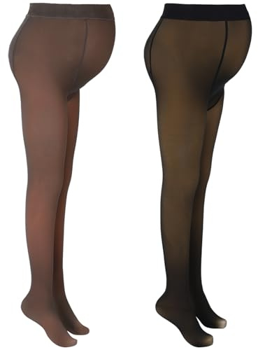 Bonuci 2 Stück Frauen Umstandsstrumpfhose Winter Fleece Gefüttert Strumpfhose Hohe Taille Schwangerschaft Dehnbar Warme Strumpfhose, Durchscheinendes Schwarz, durchscheinendes Braun, Einheitsgröße