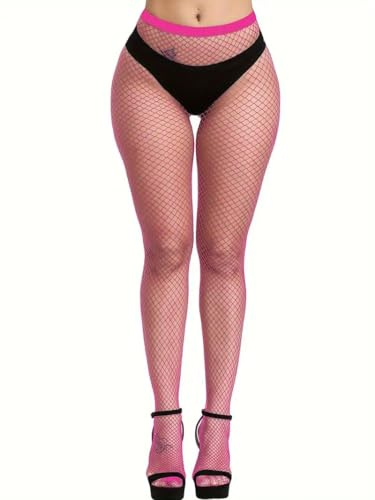 Boolavard nätstrumpor, hög midja tights för kvinnor, gnistrande strass fisknät fest, fisknät tights damer plus size en storlek passar alla, Rosenröd, one size
