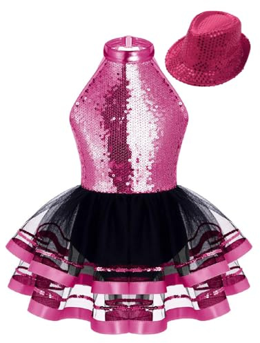 inhzoy Vestito da Pattinaggio Artistico Bambina con Cappello di Paillettes Abito tutù Danza Ballerina Body Danza Classica Ginnastica Ritmica Costume da Ballo Latino Americano Rosa Rosso 7-8 Anni