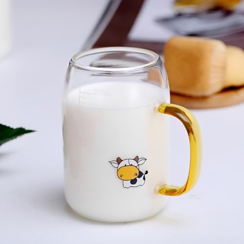 Tazza graduata in vetro borosilicato resistente al freddo e al calore, 250 ml, con manico, adatta al microonde, trasparente, per tè, succhi di frutta, caffè