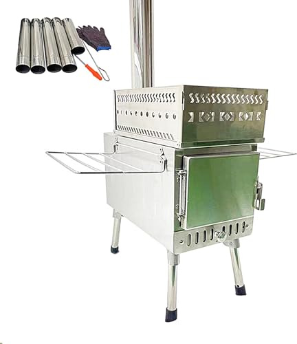 201 Stainless Steel Tent Stove, Portable Mobile Kitchenette with 5 Section Chimney Pipe Gloves Fire Hook Screwdriver, for Barbecue Boiling Water Cooking Heating(53 * 30 * 34cm)