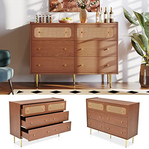 Generisch Commode à 6 tiroirs - Buffet haut en rotin - Pour chambre à coucher et tous les espaces de vie - Noyer - H 90 x l 120 x P 40 cm