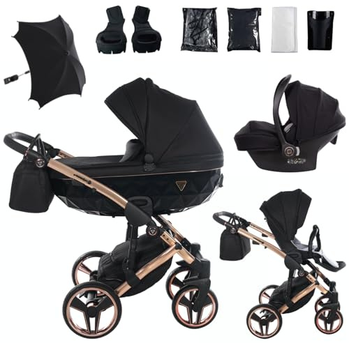 Junama Kinderwagen Diamond S 03 Schwarz und Kupfer - 2in1 3in1 4in1 mit Sonnenschirm (3 in 1 mit Autositz)