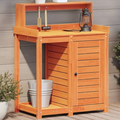 Fasba Pflanztisch, Gärtnertisch, Blumentisch für Garten Balkon Terrasse, Gartentisch Arbeitstisch, mit Ablagen Braun 82,5x50x109,5cm Massivholz Kiefer