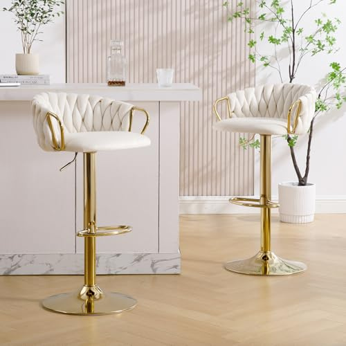 KHISCHMO Moderne Samt Barhocker 2er Set höhenverstellbar Barstühle 360°drehbar Thekenhocker Küchenhocker mit geflochtener Rückenlehne Goldene Fußstütze für Küche, Weiß
