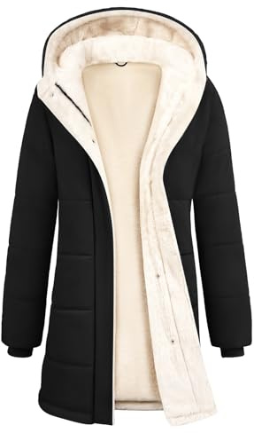 CMTOP Giacca Invernale Donna Foderati in Pile Caldo Lungo Cappotto Impermeabile Antivento Trapuntata Giubbotto Casual Elegante Parka Classico Giaccone con Cappuccio, Zip e Tasche(Nero,XL)