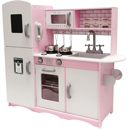 M2S Kids Wooden Play Kitchen Pretend Play Utensils Toys Cooking Role Play Set Sounds and Lights Stoves