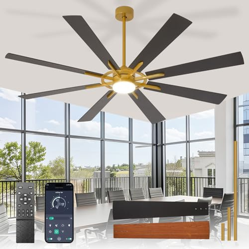 Depuley Grands ventilateurs de plafond avec éclairage: Ventilateur de plafond d'extérieur de 72 pouces à 8 pales avec télécommande - Grand ventilateur noir et doré avec éclairage