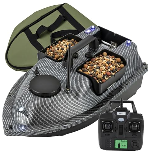 Futterboot Angeln mit GPS, 500 m, 3 Kammern, 2 kg, 2 x 5200 mAh | 16 GPS-Wegpunkte mit Auto-Rückkehr | 2 x 390-Motoren mit Propellerschutz | LCD-Fernbedienung | LED-Navigation und Tragetasche