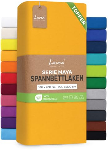 Lavea® Topper Spannbettlaken 180x200 cm - 200x200 cm - Goldgelb | Maya 100% Jersey Baumwolle – Weiches Spannbetttuch Topper bis 10 cm, atmungsaktives Bettlaken, formstabil & pflegeleicht