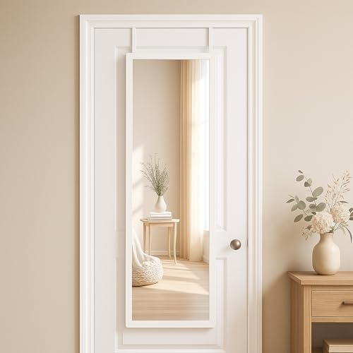 GREENSAPPIRE 110x33cm Ganzkörperspiegel Wand- & Türspiegel mit 2 Haken Flur | Höhenverstellbar, Wandspiegel Bruchsicheres Glas, Rahmen aus MDF, Großspiegel für Schlafzimmer, Garderobe (Weiß)