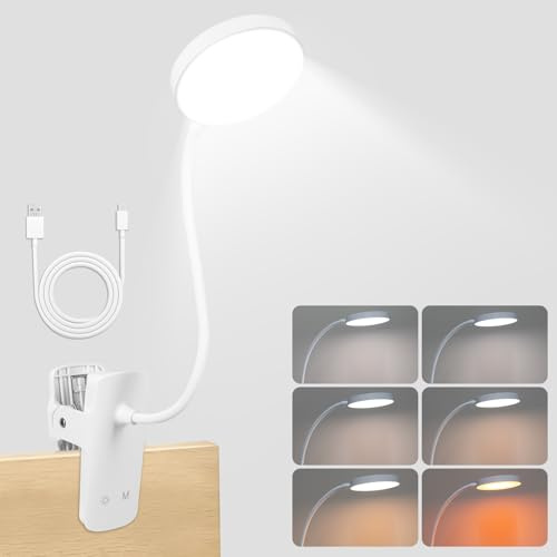 Carehabi Lampe de Lecture, Lampe de Bureau Sans Fil, Lampe Pince 6 Couleurs et 5 Niveaux de Luminosité, Flexible à 360° avec Col de Cygne, Cri 80, Lampe de Chevet Sans Fil pour Étudier et Travailler