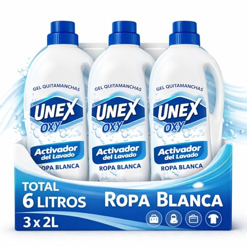 Activador del lavado Ropa Blanca, Quita las manchas, Gel Quitamanchas, Con Oxigeno Activo, Especial lavado a mano o máquina como complemento del detergente, Eficaz en agua fria, 3 Botellas de 2 Litros