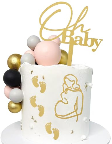 Baby Shower Cake Topper, Oh Baby Cake Topper, 8PCS Golden Acrylic Pregnant Woman Gender Reveal Decoration for Newborn Celebration