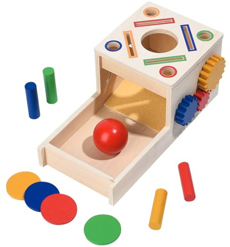 MonteSpi Montessori Objektpermanenz Box, Motorikspielzeug ab 1 Jahr | 4-in-1 Holzspielzeug mit Farben- und Formensortierung, Zahnrädern und Ballspiel, fördert Feinmotorik
