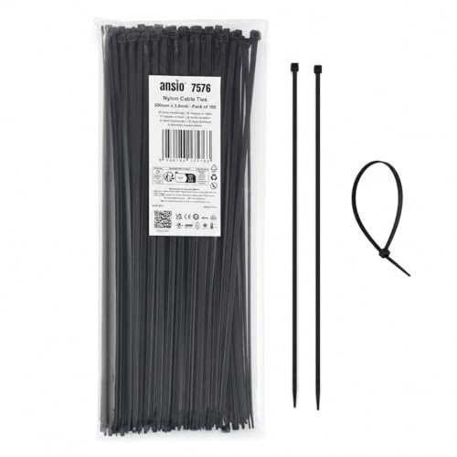 ANSIO Nylon Cable Ties Black 300mm x 3.6mm Pack of 100, Self-Locking Zip Ties, Nylon 66 Cable Ties for Cable Management, Home, Garden, Garage & DIY