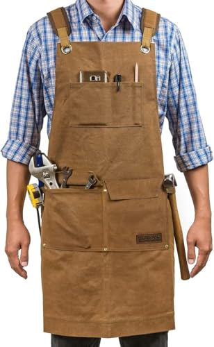 EastElegant Luxury Waxed Canvas Shop Apron | Heavy Duty Work Apron for Men & Women with Pocket & Cross-Back Straps | Adjustable Tool Apron Up To XXL | Long, Thick, Water Resistant Workshop Apron