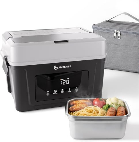AMZCHEF Cordless Electric Lunch Box, 18000mAh Rechargeable Battery Self Heating Lunch Box, 1.5L Large Portable Food Warmer & Insulated Bag for Work, Car, Lorry, Camping