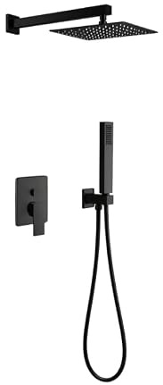Sistema doccia a incasso nero opaco con soffione effetto pioggia ultrasottile 25x25 cm, braccio a parete quadrato, Set doccia completo per bagno,. M6300