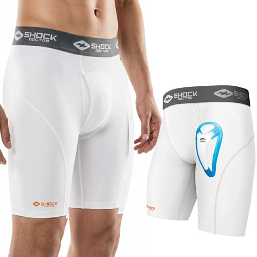 Shock Doctor Compression Shorts with Protective Bio-Flex Cup, Moisture Wicking Vented Protection, White, Youth, X-Large
