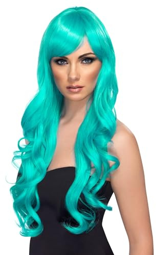 Smiffys Verlangen Perücke, Aquamarinblau, Lang, Lockig mit Pony Halloween