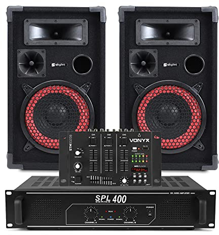 Pair of Max Red 8 Passive DJ Speakers with Skytec SPL-400 Professional PA Amplifier & 6-Channel USB Mixer - 500W Complete DJ & Disco Audio System Package