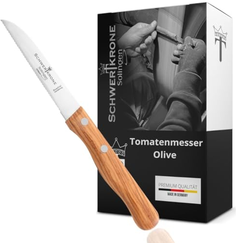 Schwertkrone® Schälmesser Tomatenmesser Premium [MADE IN SOLINGEN - GERMANY] - Gemüsemesser Obstmesser - Küchenmesser klein scharf Schneidemesser Sägemesser - Allzweckmesser - Holzgriff (Klinge: 8cm)