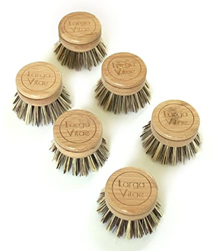 Larga Vitae 6 pcs Wooden Dish Brush Replacement Heads Made of Renewable Bamboo Wood and Natural Bristle Fiber, Durable, Long Lasting (Palm/Coconut Fiber Bristles)