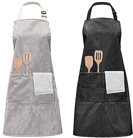 2 Stück Schürze, VerstellbareBaumwolle Leinen Kochschürze Wasserdicht Verstellbare Küchenschürze mit Taschen Damen und Männer zum Kochen oder Backen beige (Schwarz, Grau)