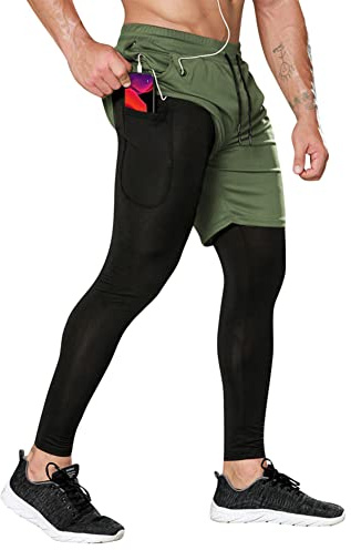 DAIHAN Kompressionsbyxor herr, löparbyxor, långa leggings, löparshorts, 2-i-1, korta löparbyxor, sportbyxor för sport, träning, fitness, cykling, yoga, vandring, basket, Armégrön, XL