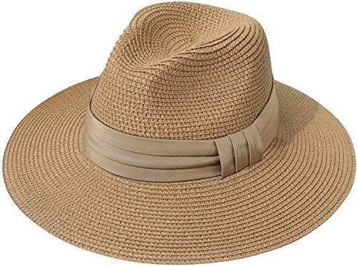 DRESHOW Panamahatt Fedora Solhatt med Brett Brätte och Upprullad Hatt UPF 50+ för Kvinnor