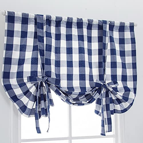 A.Monamour Gardine Scheibengardinen Blickdichter Baumwoll Leinen Blau Kariert Gingham Raffrollo Roman Vorhang Ballonvorhang Kurzgardinen Küchengardine Küche Vorhang Fenster Kurz Stores Bistrogardine