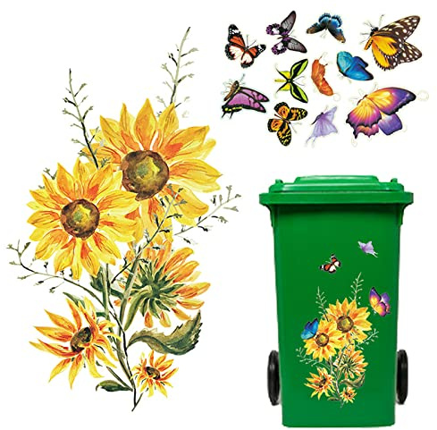 Wheelie Bin Stickers, Dustbin Sticker Waterproof Flower Stickers 2Pcs