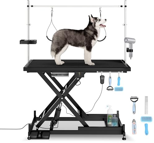 Upgrade Electric Pet Grooming Table Super Deluxe 50'' Heavy Duty Professional for Large Dogs with Overhead Arm, Anti-Skid Rubber Desktop Powerful Motor and Adjustable Height, Black