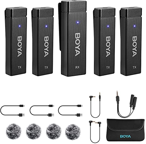 BOYA by-W4 Micrófonos Lavalier inalámbricos de 2.4 GHz para cámara, Samartphone, videocámara DSLR, micrófono de Solapa Externo omnidireccional para grabación de Video, Podcast, Youtube