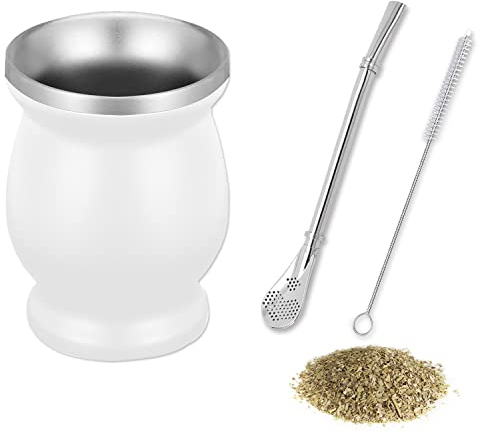 SVUPUE Tasse à maté, avec cuillère en paille et brosse de nettoyage, service à thé en acier inoxydable adapté au thé maté, au café, au lait et aux jus, 8 oz, blanc